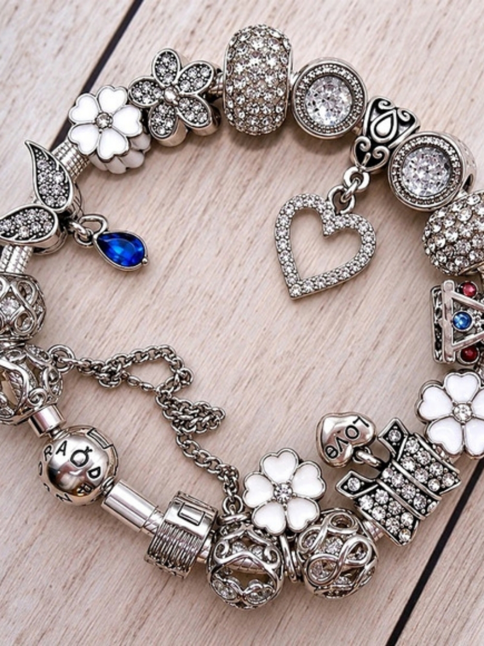 Pandora Moments Snake Chain Charm Bracelet with Mixed Charms Silver & White